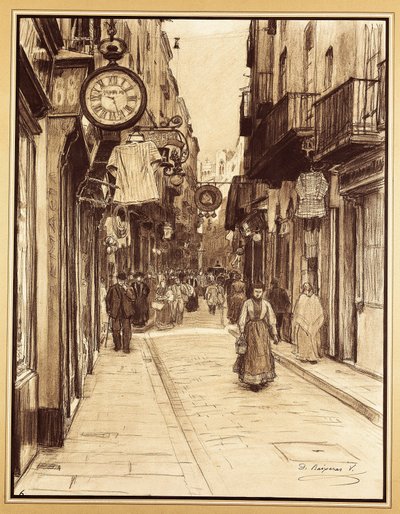Calle Plateria hacia la Plaza de los Ángeles, Barcelona (dibujo) de Dionisio Baixeras Verdaguer
