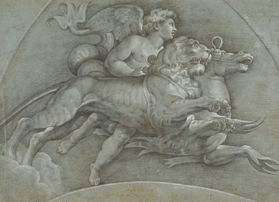 Un Putto Alado Montando un Caballo Marino y un León después de Rafael, verso, 1574 de Dionisio Calvaert