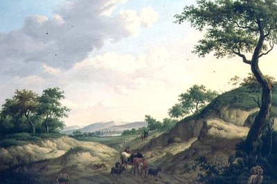 Un paisaje arbolado con pastores y animales en una roca de Dionys van Dongen