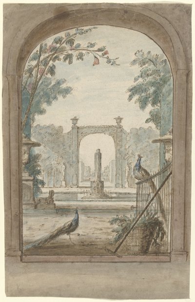 Diseño para una pintura de habitación con cara a través de una valla en un jardín, pavos reales y herramientas de jardín de Dionys van Nijmegen (possibly)
