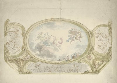 Diseño para una pintura de techo: óvalo con representación alegórica rodeado de escenas con putti de Dionys van Nijmegen (possibly)