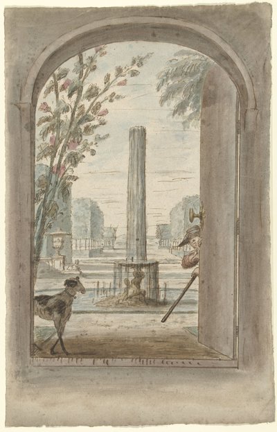 Diseño para un cuadro de habitación que muestra la cara a través de una puerta abierta en un jardín con fuente de Dionys van Nijmegen