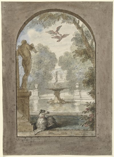 Diseño para un cuadro de habitación con cara en un jardín con perro reclinado, fuente y estatua de Dionys van Nijmegen