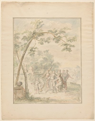 Diseño para un cuadro de habitación de un paisaje con un grupo de personas de Dionys van Nijmegen