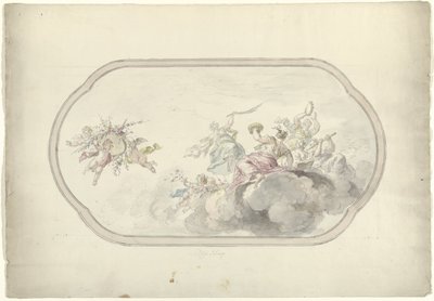Diseño para una pintura en el techo que muestra a mujeres haciendo música y putti con una cesta de flores como alegoría de la Alegría de Dionys van Nijmegen