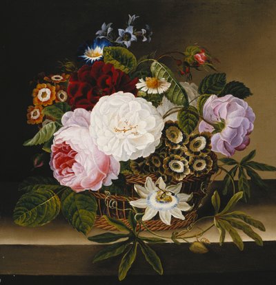 Rosas y otras flores en una canasta sobre una repisa de Dionys van Nijmegen