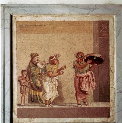 Mosaico romano de músicos y actores enmascarados en una obra, Pompeya, Italia de Dioscurides