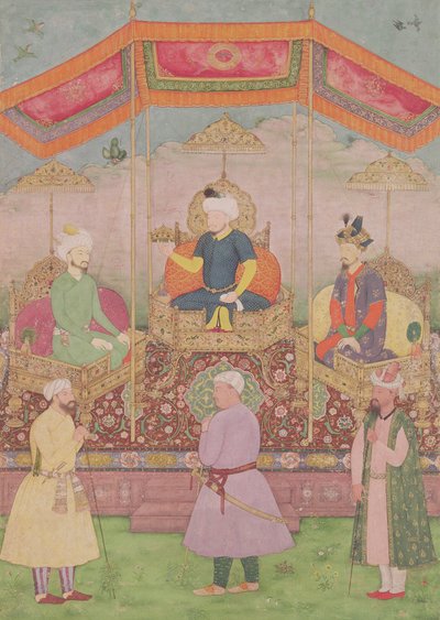 Emperador mogol Babur y su hijo, Humayán, miniatura india de Rajasthan, siglo XVI de Dip Chand