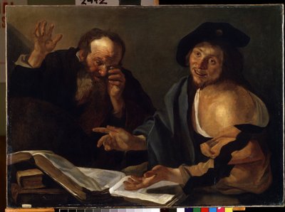 """"Heráclito y Demócrito"" Los filósofos griegos Heráclito de Éfeso (Heráclito) (535-475 a. C.) y Demócrito (Demócrito) (460-370 a. C.). Pintura de Theodore van Baburen (Dirk Baburen) (1570/90-1623/4) Museo de Bellas Artes Mikalo del siglo XVII de Dirck Baburen van