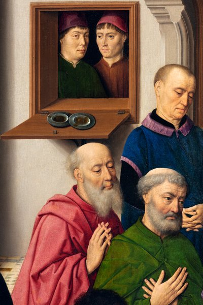 Iglesia parroquial (Parochiekerk Sint-Pieter). Pintura. La Última Cena. Dirk Bouts. 1464-1468. (detalle). Panel central. de Dirck Bouts