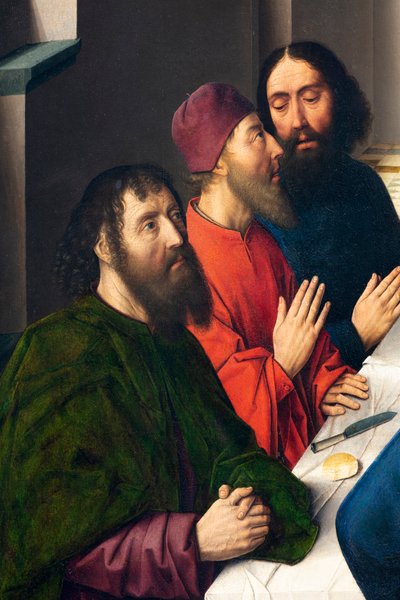 Iglesia parroquial (Parochiekerk Sint-Pieter). Pintura. La Última Cena. Dirk Bouts. 1464-1468. (detalle). Panel central. de Dirck Bouts