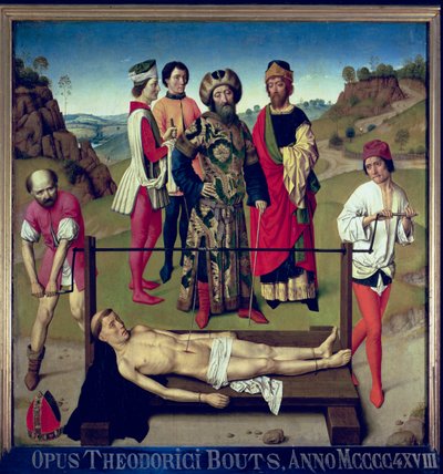 El martirio de San Erasmo, panel central del tríptico de San Erasmo, c.1460 de Dirck Bouts