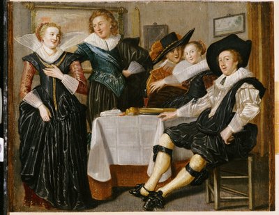 Una alegre compañía en un interior (óleo sobre panel) de Dirck Hals