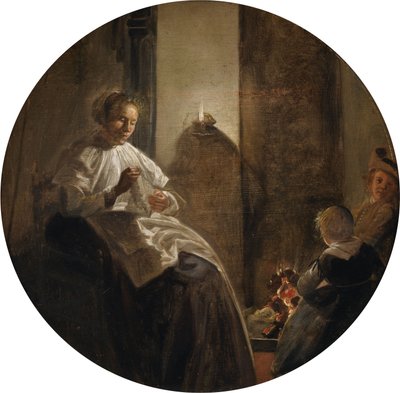 Una mujer cosiendo a la luz de las velas de Dirck Hals