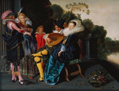 Una fiesta elegante haciendo música junto a un lago ornamental de Dirck Hals