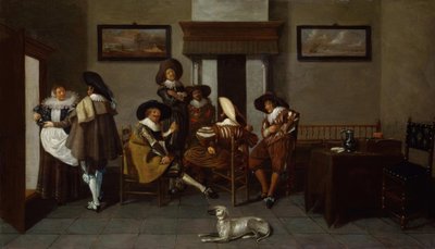 Hombres elegantemente vestidos y una sirvienta de Dirck Hals