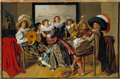 Encuentro galante: músicos y jóvenes mujeres tocando música y levantando sus copas en una fiesta de Dirck Hals