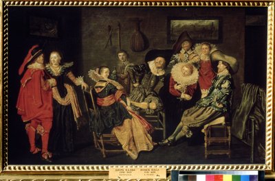 ""The Merry Company"" (The Merry Company) La fiesta en una rica residencia holandesa, una mesa de burgueses elegantemente vestidos. Pintura de Dirck Hals (1591-1656) Siglo XVII Dim. 41x66 cm Museo Pushkin, Moscú de Dirck Hals