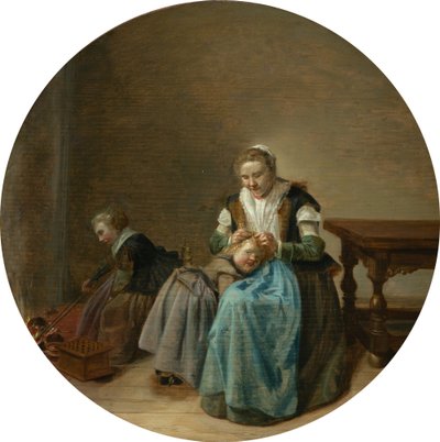 Madre cuidando a un niño en un interior, con otro niño junto a la chimenea de Dirck Hals