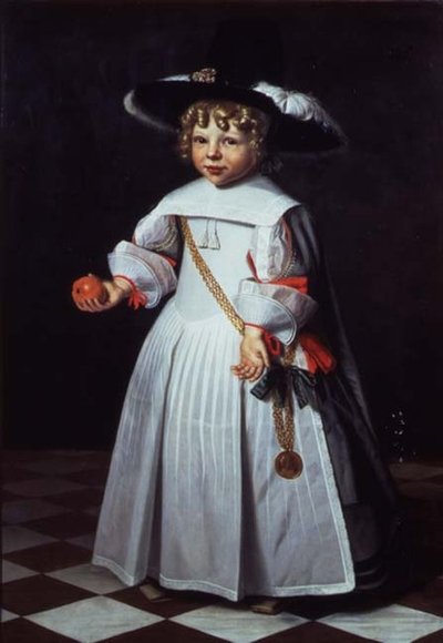 Retrato de un niño pequeño sosteniendo una naranja de Dirck Santvoort