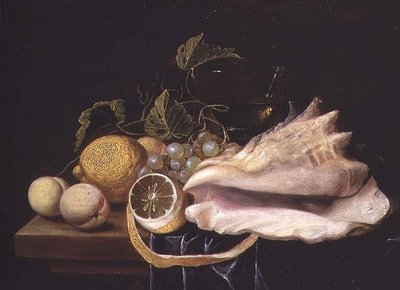 Naturaleza muerta con concha de Strombus y fruta de Dirck Sauts