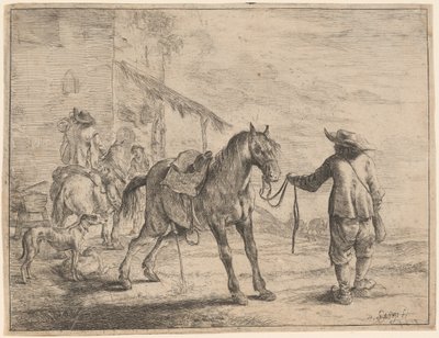 Un caballo orinando sostenido por un hombre de Dirck Stoop