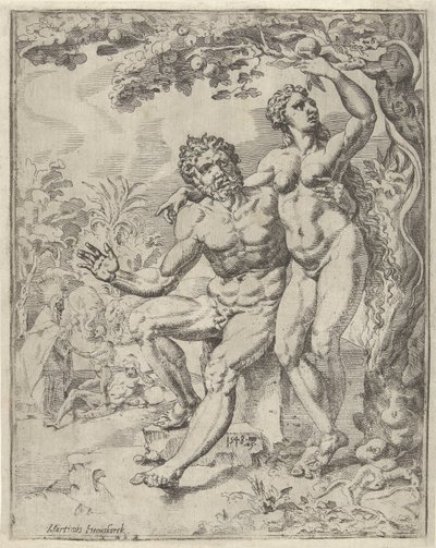 Adán y Eva cosechan el fruto prohibido La caída y la redención de la humanidad a través de la vida y la pasión de Cristo (título de la serie) de Dirck Volckertsz. Coornhert (attributed to)