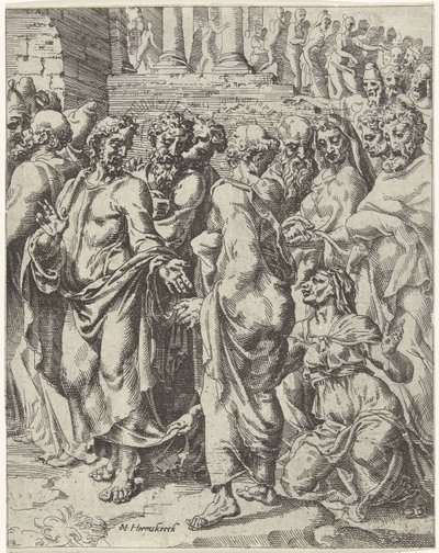 Curación de la mujer que sufría de hemorragia La caída y la redención de la humanidad a través de la vida y la pasión de Cristo (título de la serie) de Dirck Volckertsz. Coornhert (attributed to)
