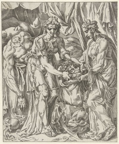 Judit mete la cabeza de Holofernes en una bolsa Judit y Holofernes (título de serie) de Dirck Volckertsz. Coornhert (attributed to)