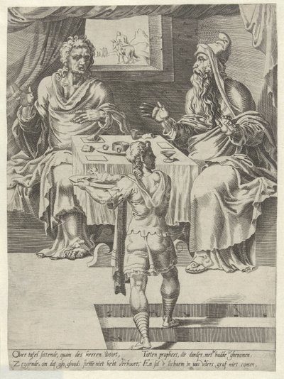 Comida del Hombre de Dios y el Viejo Profeta Historia del hombre desobediente de Dios (título de la serie) de Dirck Volckertsz. Coornhert (attributed to)