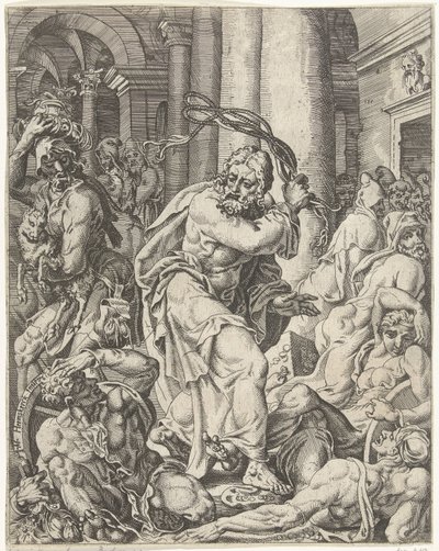 Expulsión de los cambistas del templo La caída y la redención de la humanidad a través de la vida y la pasión de Cristo (título de la serie) de Dirck Volckertsz. Coornhert (attributed to)