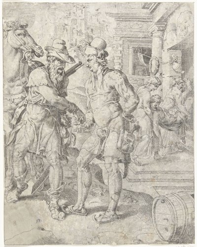 El buen samaritano paga al posadero Parábola del Buen Samaritano (título de la serie) de Dirck Volckertsz. Coornhert