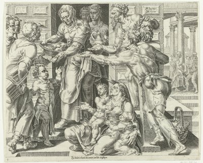 La mujer virtuosa practica la caridad Elogio a la ama de casa virtuosa (título de la serie) de Dirck Volckertsz. Coornhert