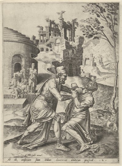 Pelea entre el sirviente desagradecido y un deudor Parábola del Siervo Ingrato (título de la serie) de Dirck Volckertsz. Coornhert