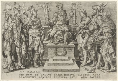 El emperador Carlos V rodeado de sus oponentes derrotados Victorias de Carlos V (título de la serie) Divi Caroli. v. imp. optar. max victoriae, ex multis praecipuae (título de la serie) de Dirck Volckertsz. Coornhert