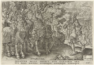 Rendición del duque de Sajonia en el campo de batalla de Mühlberg, 1547 Victorias de Carlos V (título de la serie) Divi Caroli. v. imp. optar. max victoriae, ex multis praecipuae (título de la serie) de Dirck Volckertsz. Coornhert
