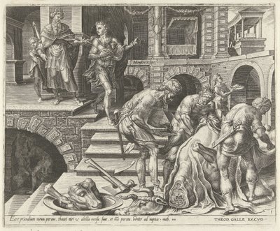 Preparativos para el banquete de bodas. Parábola de una fiesta de bodas (título de la serie) de Dirck Volckertsz. Coornhert