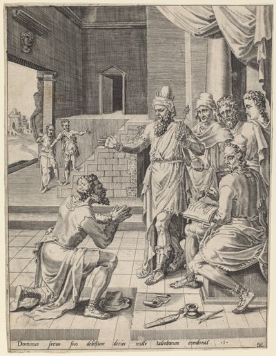 El rey perdonando la deuda a su siervo de Dirck Volckertz Coornhert after Maerten van Heemskerck