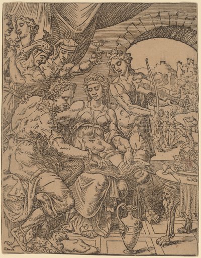 El hijo pródigo derrochando su herencia en prostitutas de Dirck Volckertz Coornhert after Maerten van Heemskerck