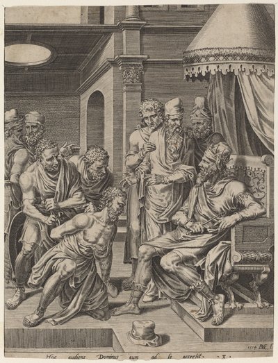 El siervo despiadado llevado ante el rey de Dirck Volckertz Coornhert, after Maerten van Heemskerck