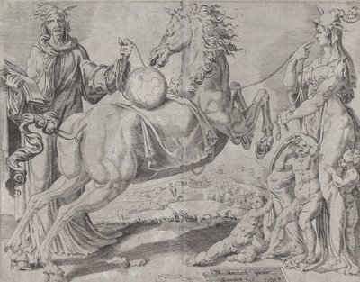 Conocimiento tonto y amor tonto tratando de contener el mundo, de El mundo desenfrenado, 1550 de Dirck Volkertsen Coornhert