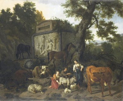 Paisaje con pastores y ganado cerca de una tumba de Dirck van Bergen