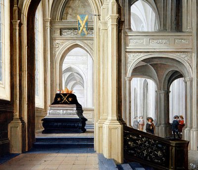 Interior de una iglesia con una tumba real de Dirck van Delen