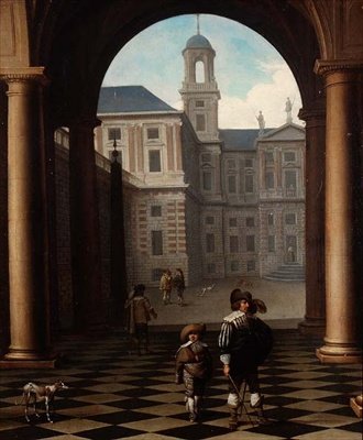 Figuras elegantes en una logia en la entrada de un palacio de Dirck van Delen