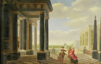 Figuras en conversación en un entorno clásico de Dirck van Delen