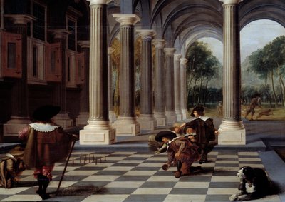 Jugadores de Skitel Juego de bolos en un suelo de tablero de ajedrez (detalle) de Dirck van Delen