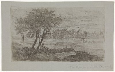Paisaje con árboles en primer plano y un arado en el campo de Dirk Arnoldus Tavenraat
