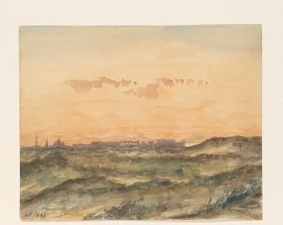 Paisaje con la silueta de una ciudad en la distancia de Dirk Arnoldus Tavenraat