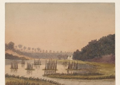 Paisaje pantanoso con un edificio en la distancia de Dirk Arnoldus Tavenraat