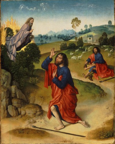 Moisés y la zarza ardiente, con Moisés quitándose los zapatos, ca 1465 de Dirk Bouts
